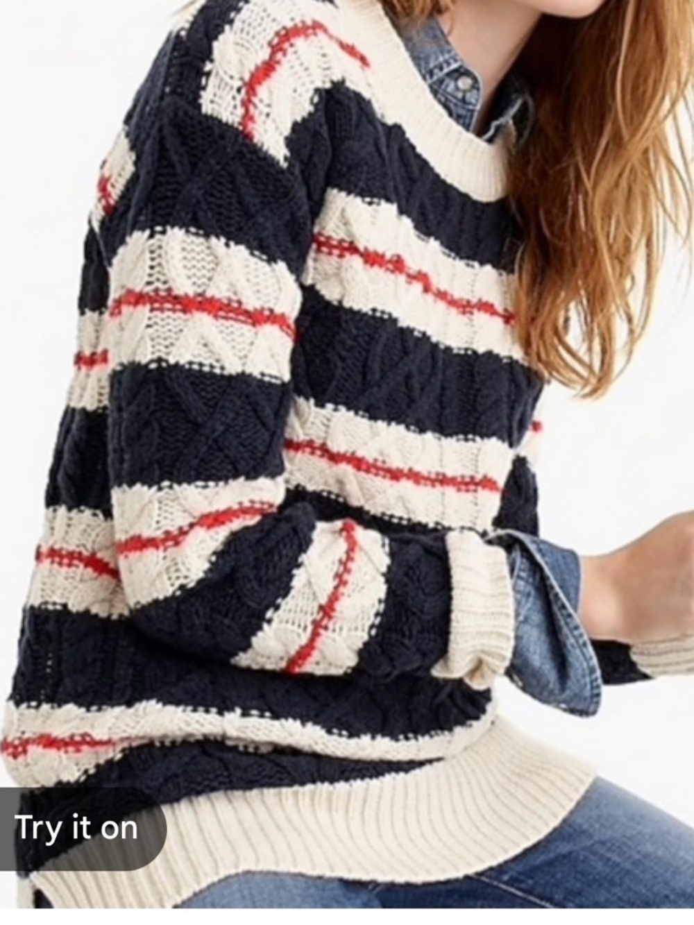 J.Crew Striped Cable Knit Nautical Tunic Sweater Navy Cream Red Small Merino